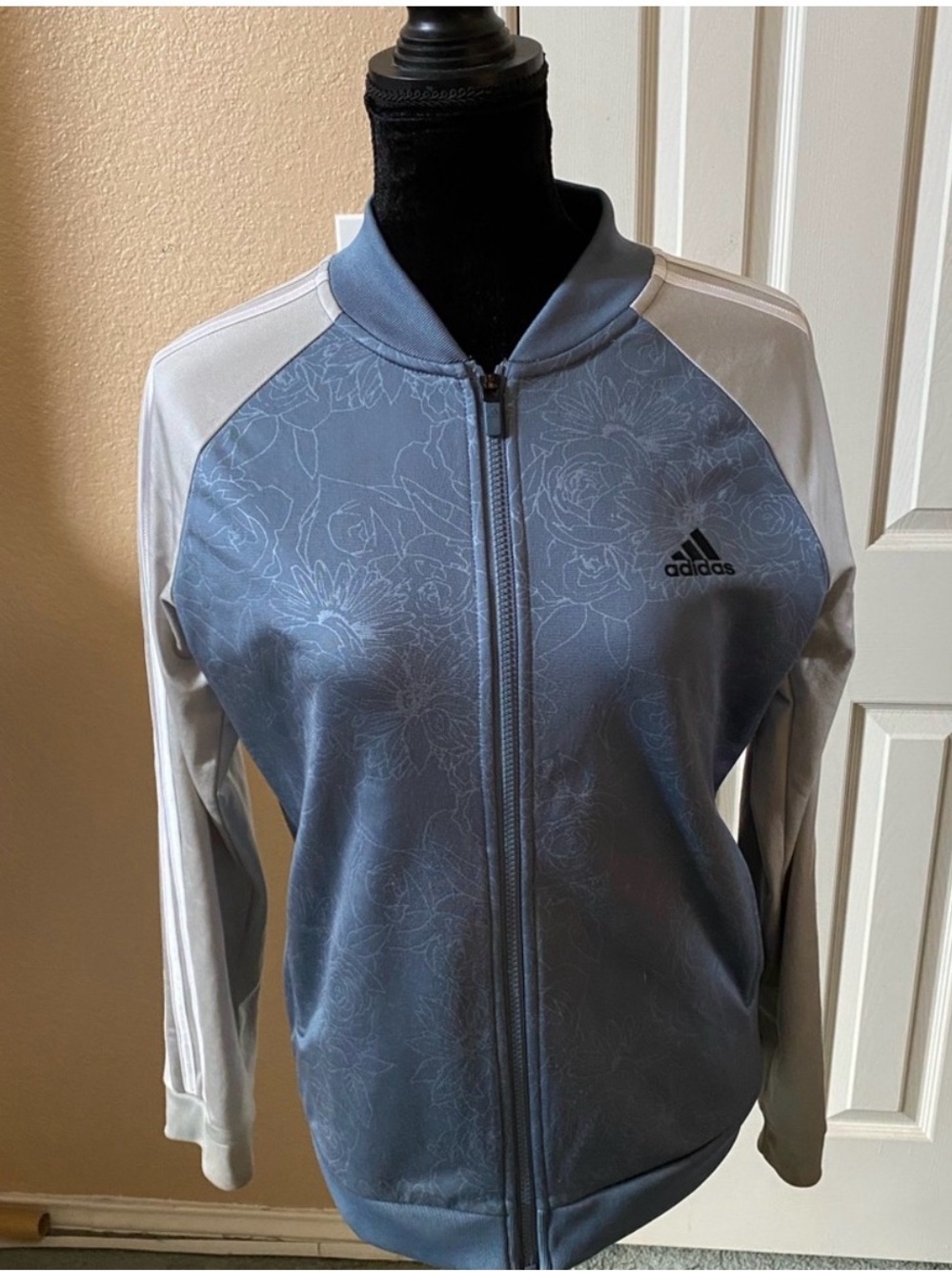adidas Women's Slate Blue Floral Bomber Jacket with White Sleeves